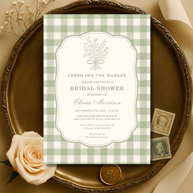 Fresh Off the Market Gingham Bridal Shower Einladung (Von Creator hochgeladen)