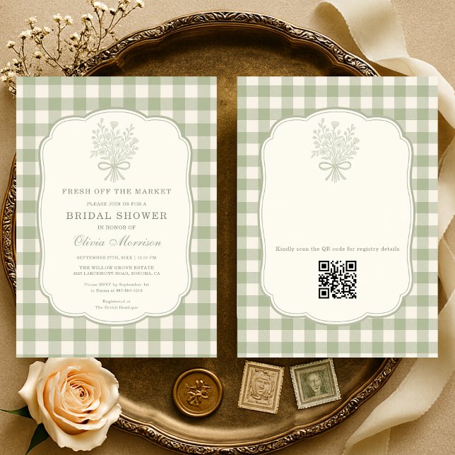 Fresh Off the Market Gingham QR Code Einladung (Von Creator hochgeladen)