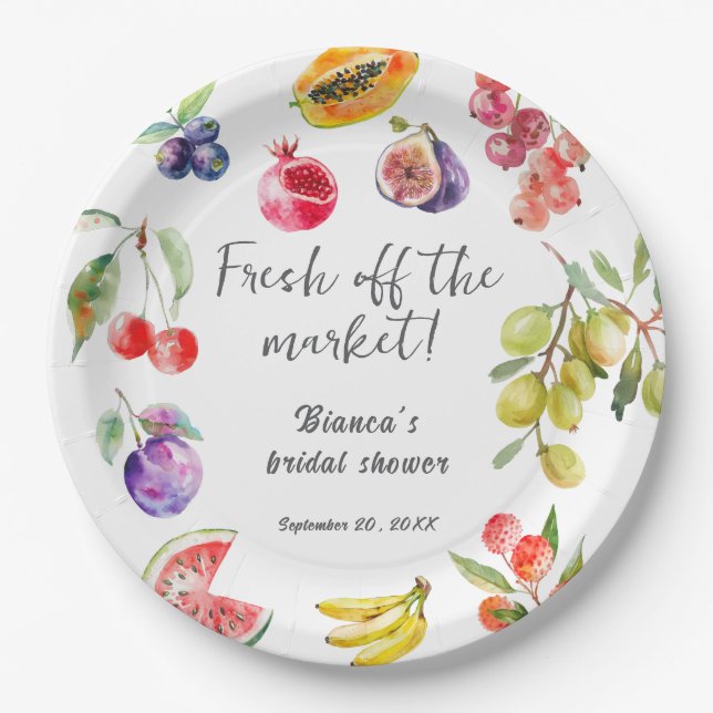 Fresh off the Market Obsts Brautparty Willkommen Pappteller (Vorderseite)