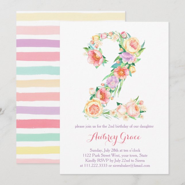 Fresh Spring Second Birthday Party Einladung Girl (Vorne/Hinten)