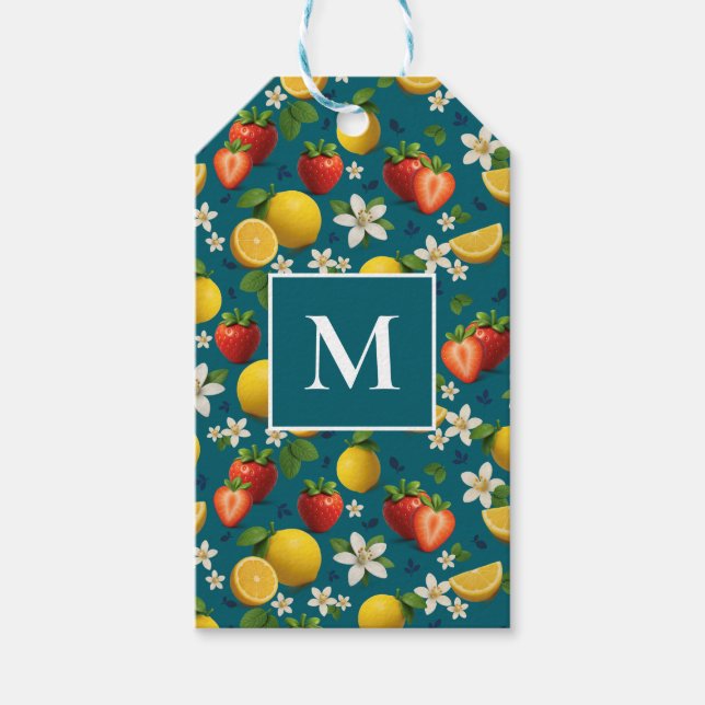 Fresh Strawberry and Lemon Pattern Blue Geschenkanhänger (Vorderseite)
