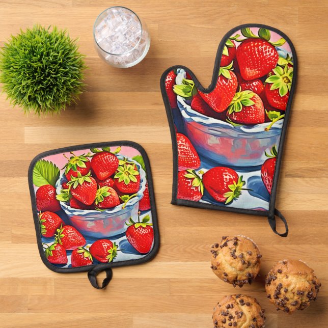 Fresh Strawberry Bowl Ofenhandschuh & Topflappen-Set (Oben Unten)