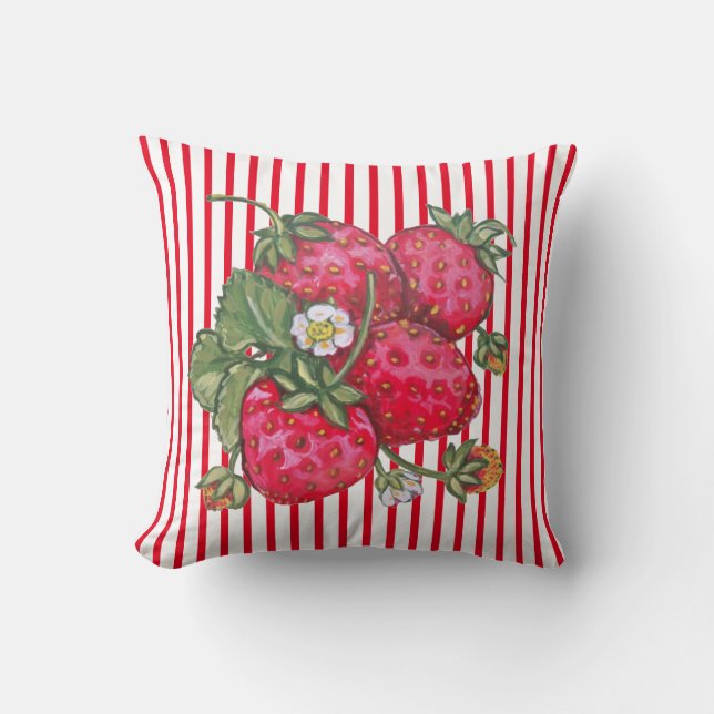 Fresh Strawberry Red White Stripe Sommerdekor Kissen (Vorderseite)
