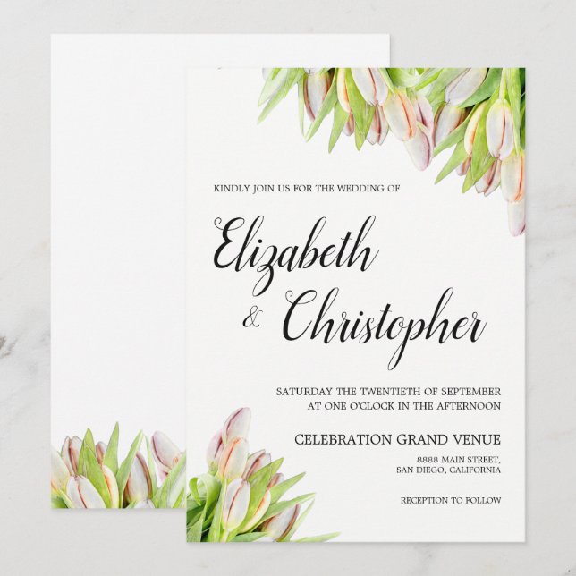 Fresh Tulip Blume Elegante Rosa Grüne Hochzeit Einladung (Vorne/Hinten)