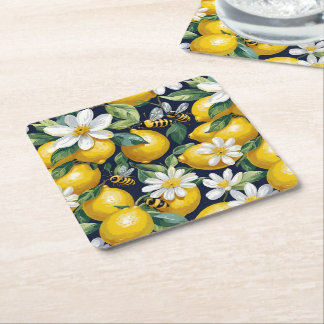 Fresh Yellow Lemons With Busy Bees & White Blooms Rechteckiger Pappuntersetzer