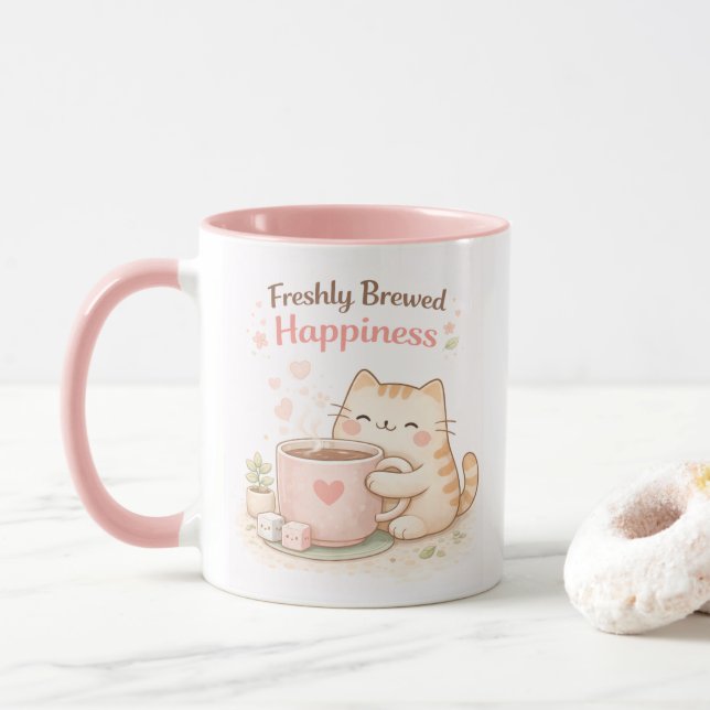 Freshly Brewed Kawaii Cute Kitty Cat Coffee Pink Tasse (Mit Donut)