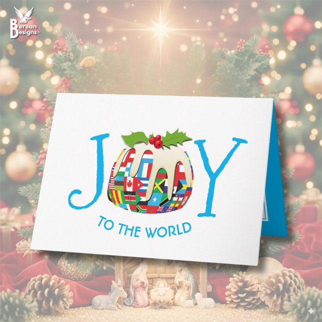Freude am festlichen Pudding der Welt Karte (Stylish JOY TO THE WORLD Christian Christmas Pudding card w/ customizable text and world flags)