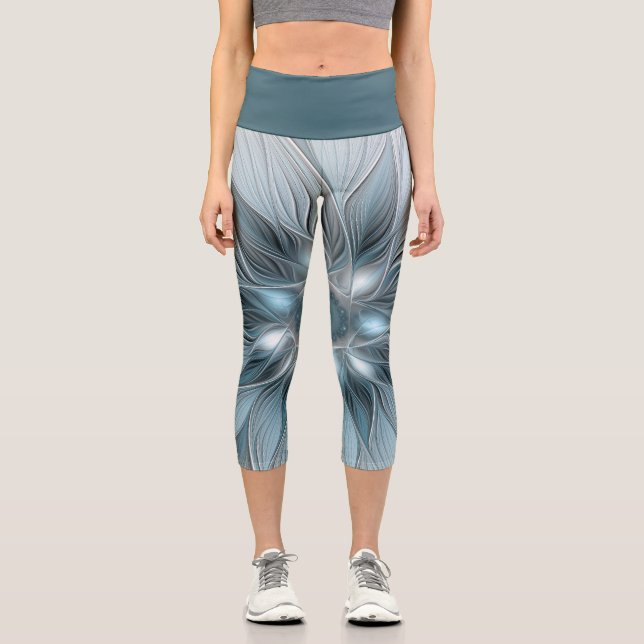 Freude Blume Abstrakt Blue Gray Fraktal Capri Leggings (Vorderseite)
