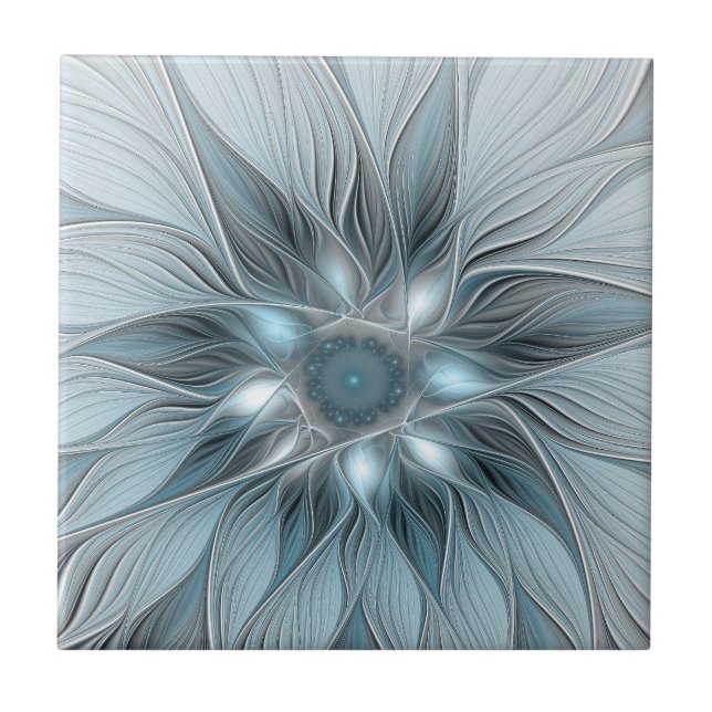 Freude Blume Abstrakt Blue Gray Fraktal Fliese (Vorderseite)