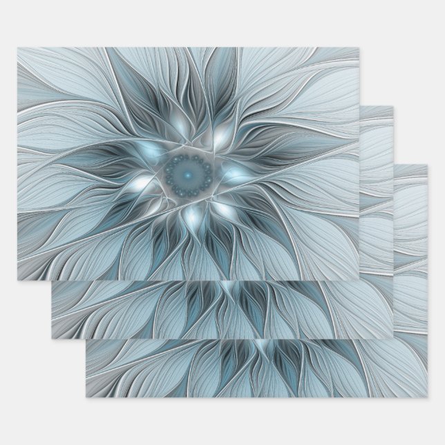 Freude Blume Abstrakt Blue Gray Fraktal Geschenkpapier Set (Set)