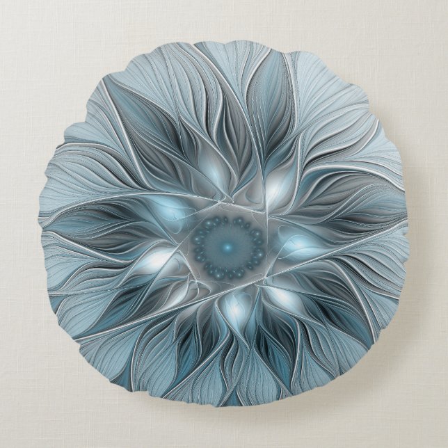 Freude Blume Abstrakt Blue Gray Fraktal Rundes Kissen (Vorderseite)