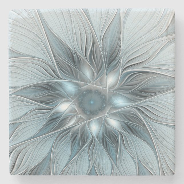 Freude Blume Abstrakt Blue Gray Fraktal Steinuntersetzer (Vorderseite)