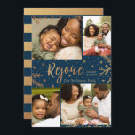 Freude | Collage Christmas Card | Imitate Foil Blu Feiertagskarte<br><div class="desc">Imitate goldene Folie dekorative Elemente schaffen einen eleganten Effekt für diese klassischen vier Foto Ferienkarten in blau. Einfach mit eigenen Fotos und Texten anpassen!</div>