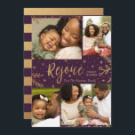 Freude | Collage Christmas Card | Imitate Foil Plu Feiertagskarte<br><div class="desc">Imitate goldene Folie dekorative Elemente schaffen einen eleganten Effekt für diese klassischen vier Foto Ferienkarten in dunklem Pflaumen lila. Einfach mit eigenen Fotos und Texten anpassen!</div>