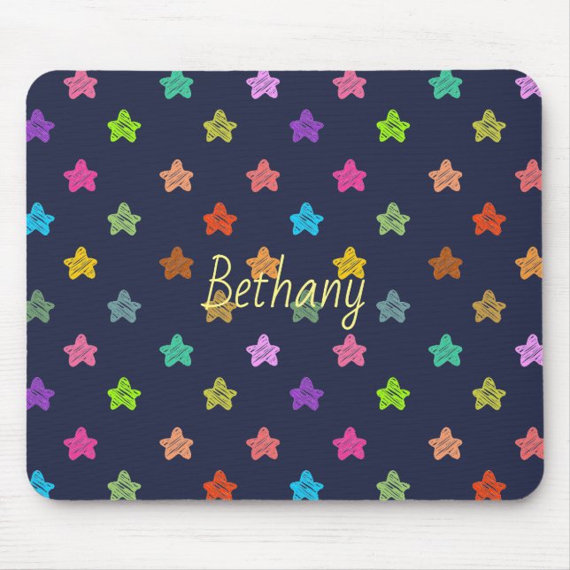 Freude farbenfrohe Doodle-Sterne auf blauem Person Mousepad (Vorne)