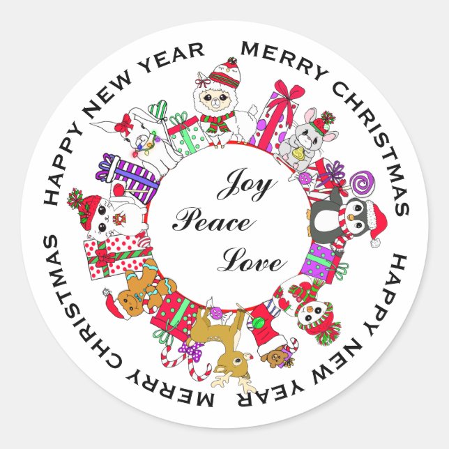 Freude, Frieden, Liebe Kleine Weihnachtstiere Runder Aufkleber (Vorderseite)