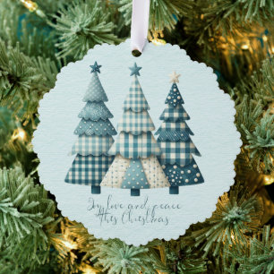Freude, Liebe und Frieden Blau Karierte Weihnachts Ornament Karte
