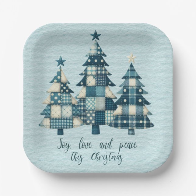 Freude, Liebe und Frieden Blau Karierte Weihnachts Pappteller (Vorderseite)