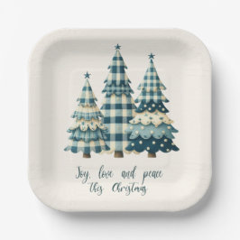Freude, Liebe und Frieden Blau Karierte Weihnachts Pappteller