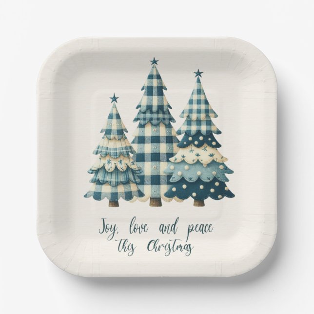 Freude, Liebe und Frieden Blau Karierte Weihnachts Pappteller (Vorderseite)