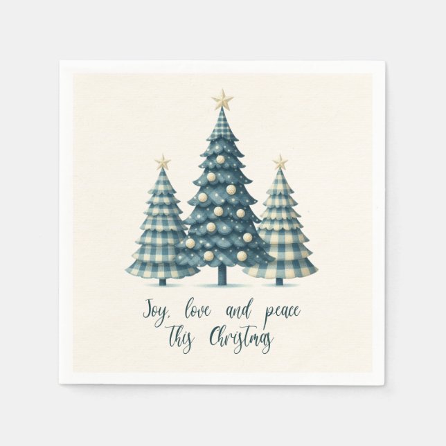 Freude, Liebe und Frieden Blau Karierte Weihnachts Serviette (Vorderseite)