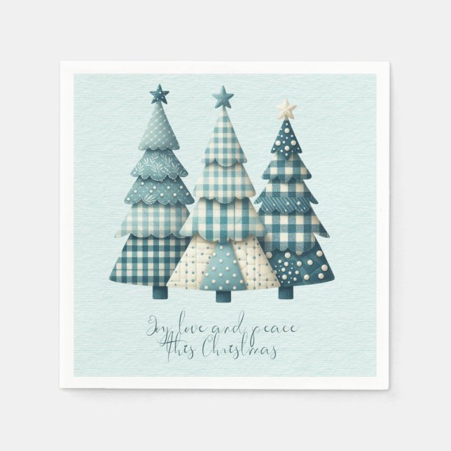 Freude, Liebe und Frieden Blau Karierte Weihnachts Serviette (Vorderseite)