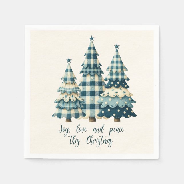 Freude, Liebe und Frieden Blau Karierte Weihnachts Serviette (Vorderseite)
