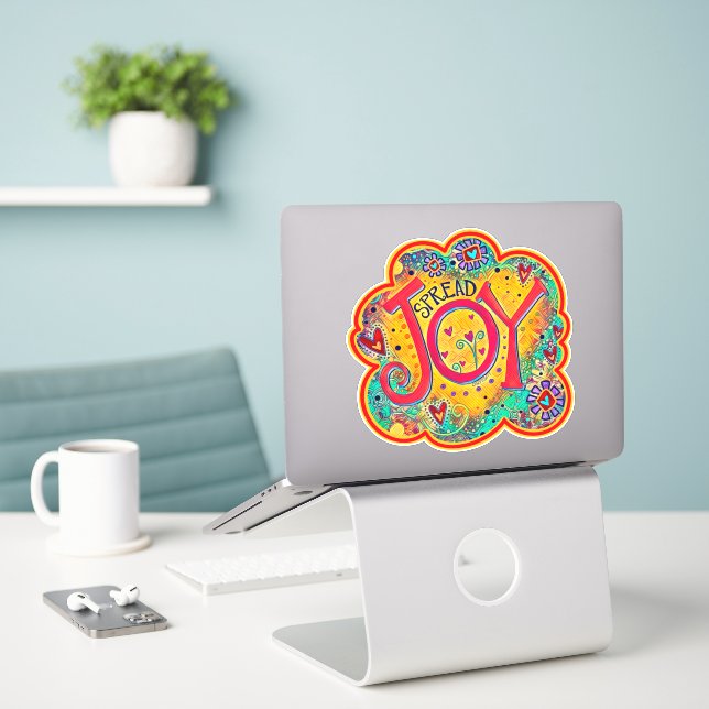 Freude und fröhliche Gelbfick-Inspirivity Aufkleber (Laptop auf Schreibtisch)