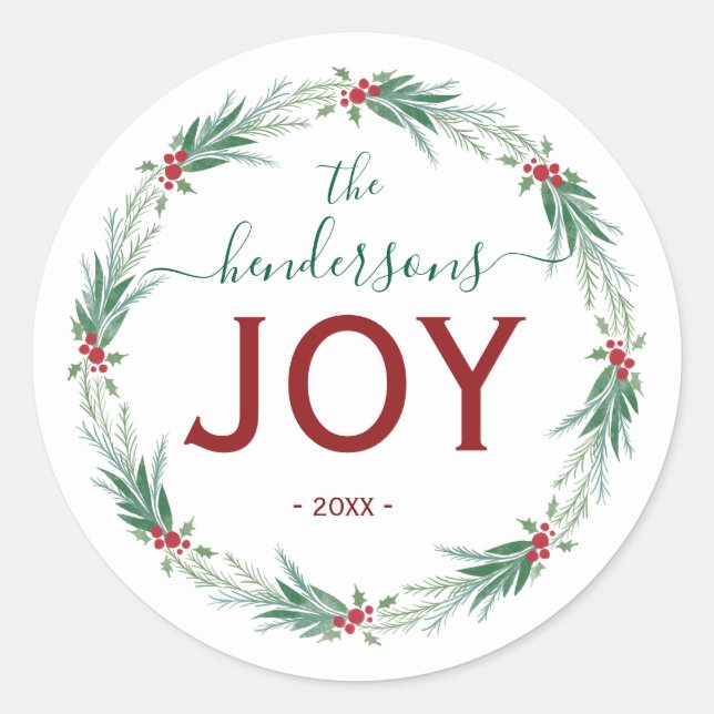 Freude Weihnachtskranz Name Handschrift Runder Aufkleber (Vorderseite)