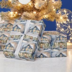 Freude zum Weihnachtsfest Schnee Nacht Haus  Geschenkpapier
