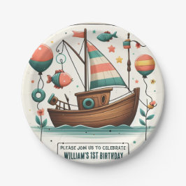 Freudenboot niedlicher Junge Fischen am 1. Geburts Pappteller