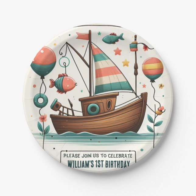 Freudenboot niedlicher Junge Fischen am 1. Geburts Pappteller (Vorderseite)