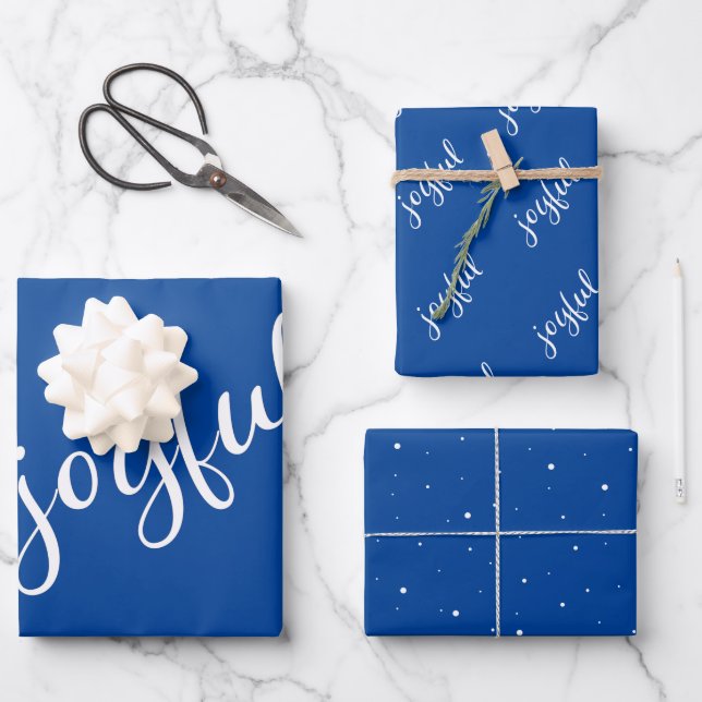 Freudendes Script Snowflake Blue und White Holiday Geschenkpapier Set (Vorderseite)