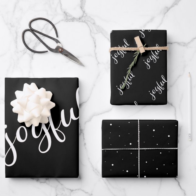 Freudendes Script Snowflake Schwarz und Weiß Urlau Geschenkpapier Set (Vorderseite)