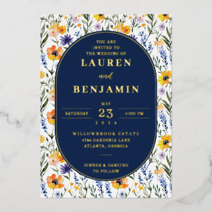Freudige Navy Blumen Hochzeitseinladung Folieneinladung