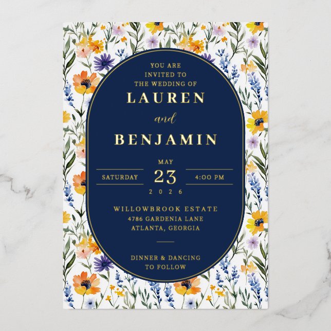 Freudige Navy Blumen Hochzeitseinladung Folieneinladung (Vorderseite)