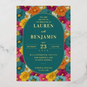 Freudige Türkis Blumen Hochzeitseinladung Folieneinladung