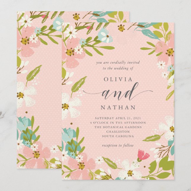 Freudiges Blumen auf Wedding Einladung des Rosa-| (Vorne/Hinten)