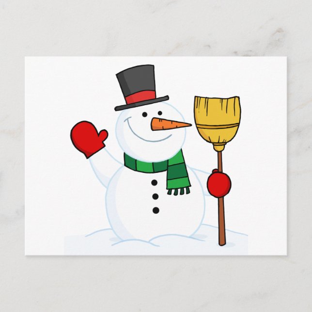 Freudlicher Schneemann, der ein Zimmer hält und wi Postkarte (Vorderseite)