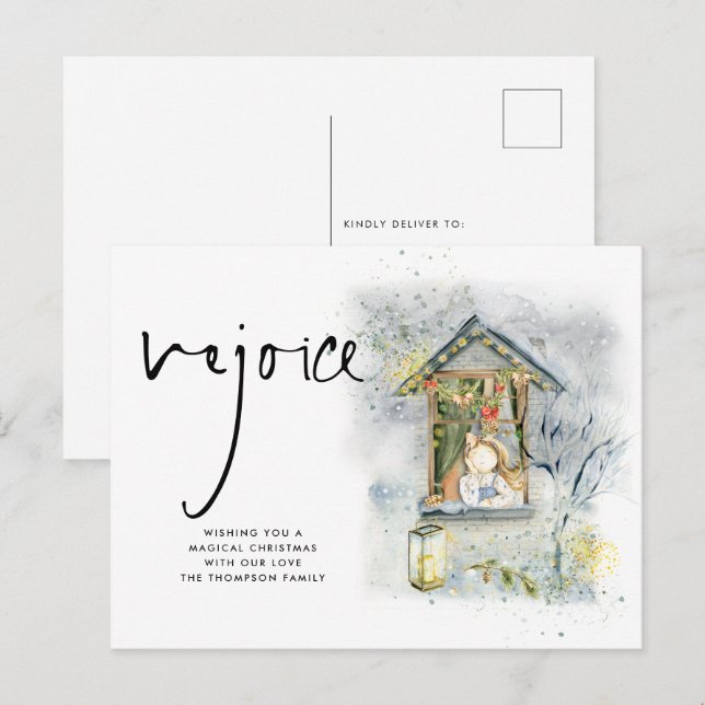 Freuen Sie sich auf das Weihnachtsmädchen im Fenst Postkarte (Vorne/Hinten)