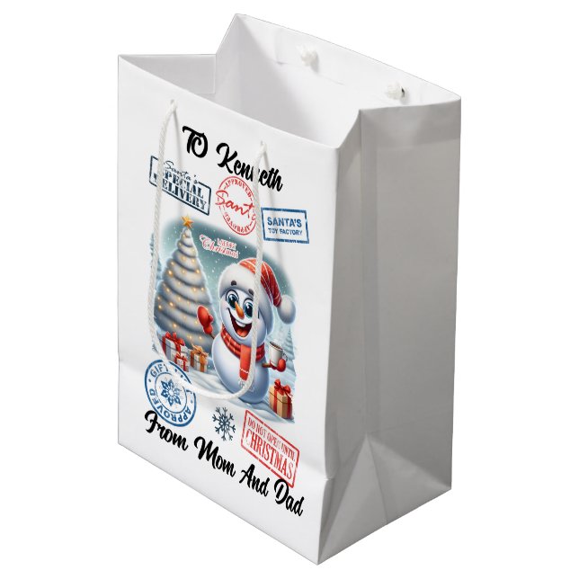 Freuer Schneemann mit Santa Sack Mittlere Geschenktüte (Vorderseite Schrägansicht)
