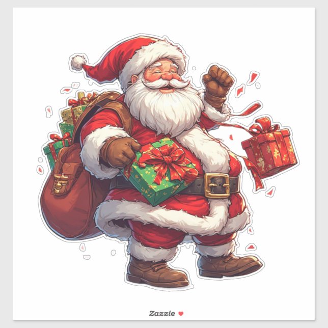 Freuer Weihnachtsmann mit Geschenken Aufkleber (Blatt)