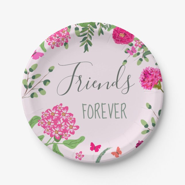 Freunde für immer strahlende Blume und Schmetterli Pappteller (Vorderseite)