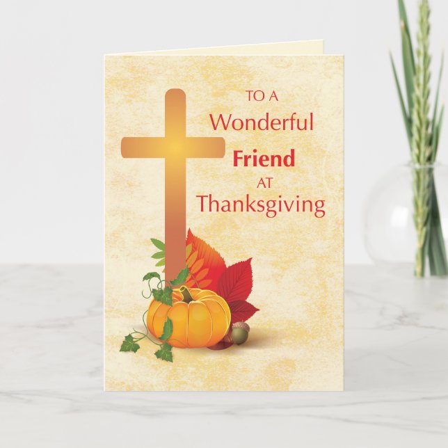 Freunde im Erntedank mit Kreuz und Kürbis Karte (Vorderseite)