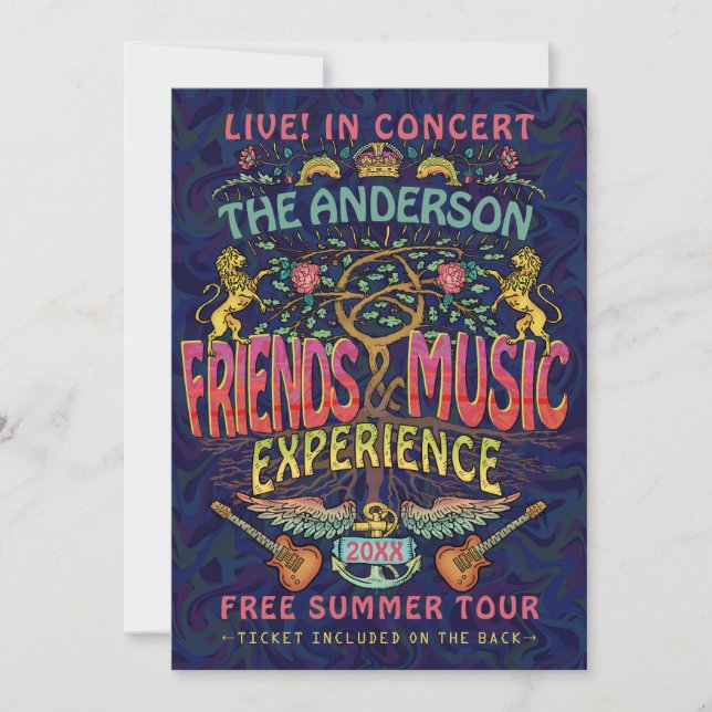 Freunde Musikband Retro 70er Konzert Ticket Thema Einladung (Vorderseite)