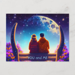 Freunde oder Liebhaber auf einer Bank im Mondschei Postkarte