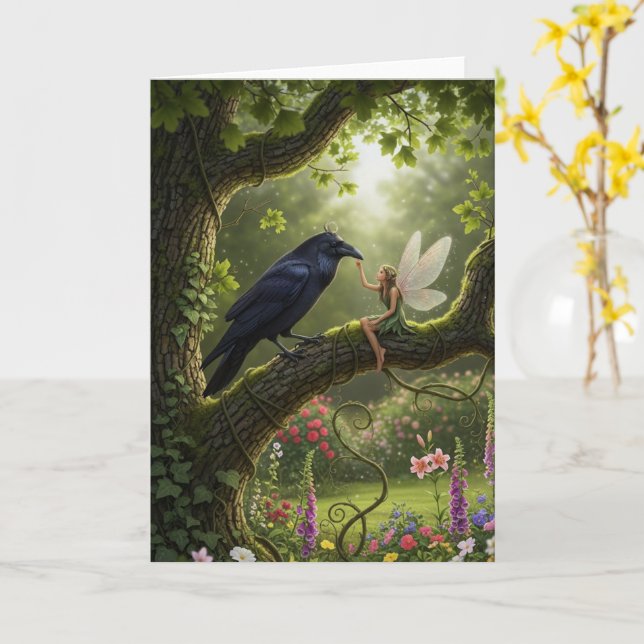 Freunde Ravens spielen mit Fairy Karte (Gelbe Blume)