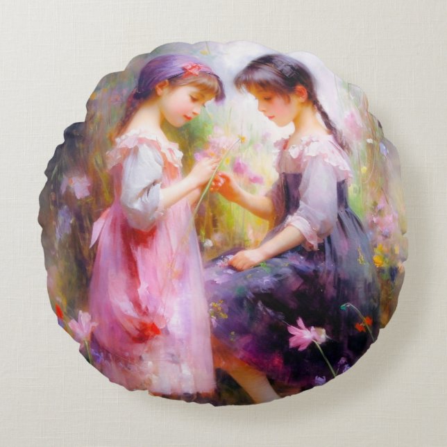 Freunde und Blume Rundes Kissen (Vorderseite)