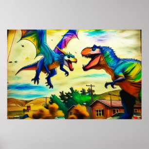 Freundliche Begegnung - Drache und Dinosaurier Poster