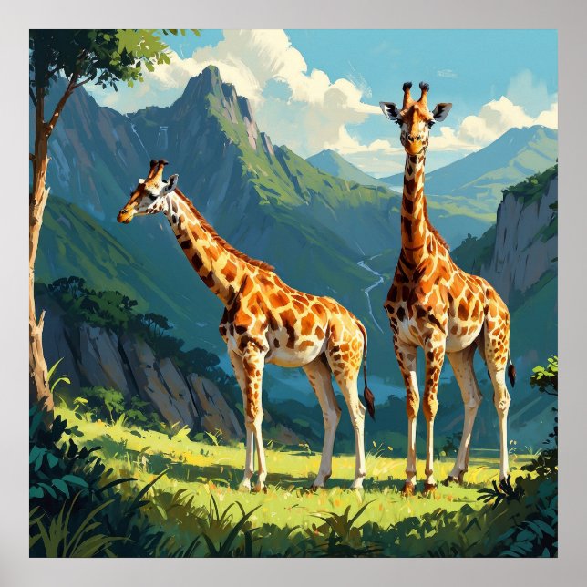 Freundliche Giraffen im Wilden Malerei Poster (Vorne)